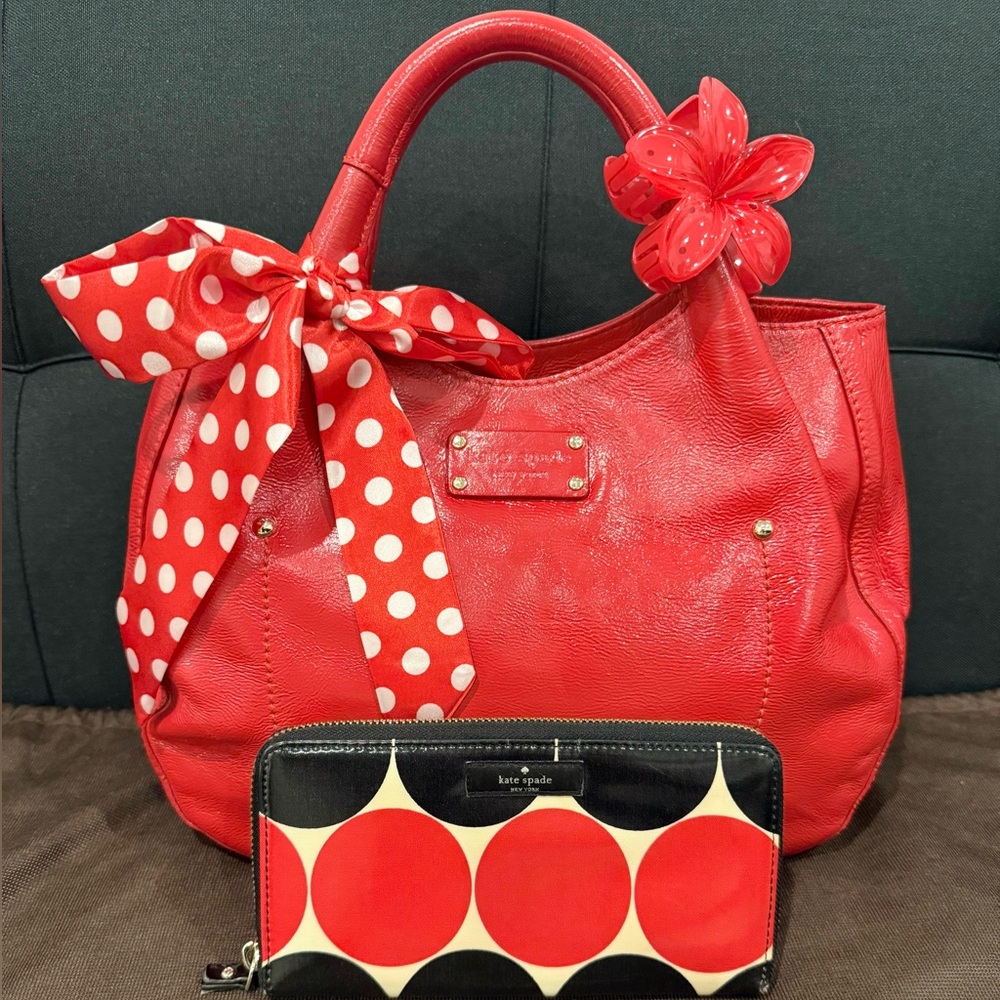 ❤️♠️ SOLD - Kate Spade Treesh Red Patent Leather Handbag & Wallet Set